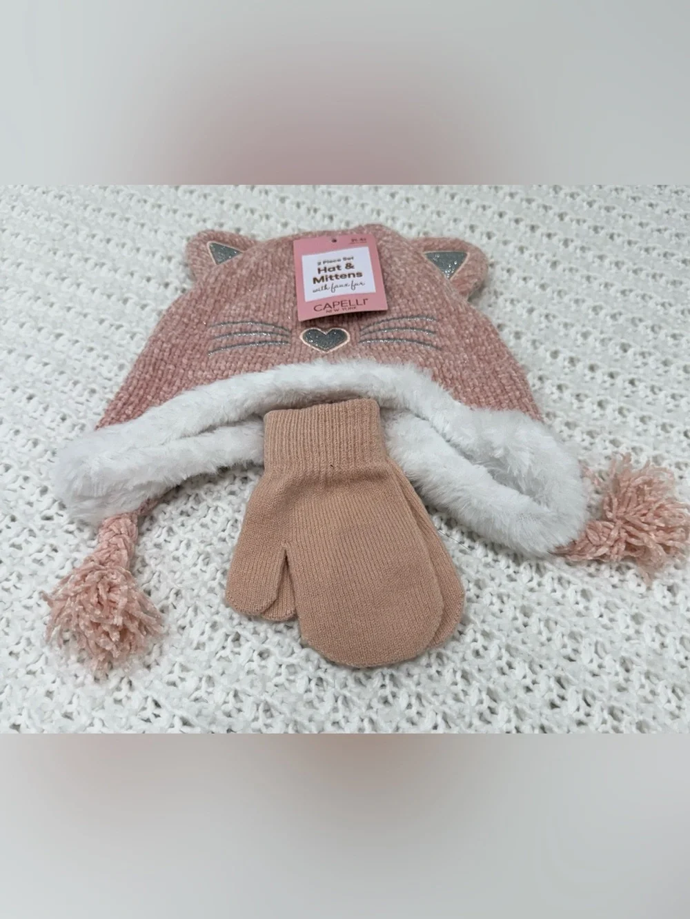 Capelli New York Kids' Beanie With Faux Fur  & Mittens Set in blush size 2-4T